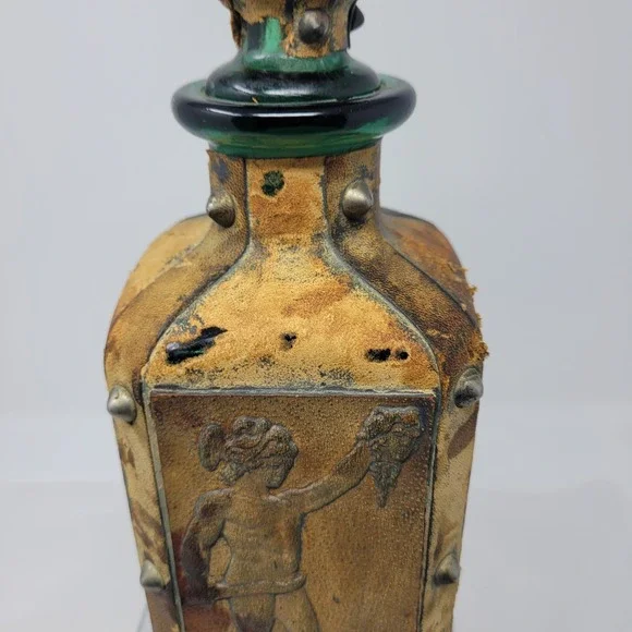 Vtg MCM Italian Hand-tooled Leather Decanter Embossed Studded Glass Perseus
